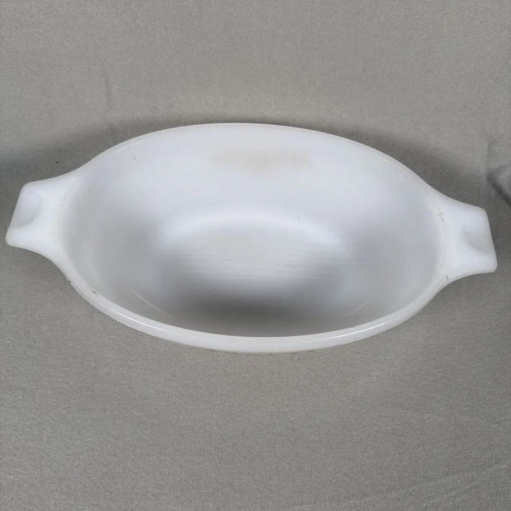 Vintage Glasbake J2274 1QT Casserole Dish Gold White Milk Glass Oval Small Nicks